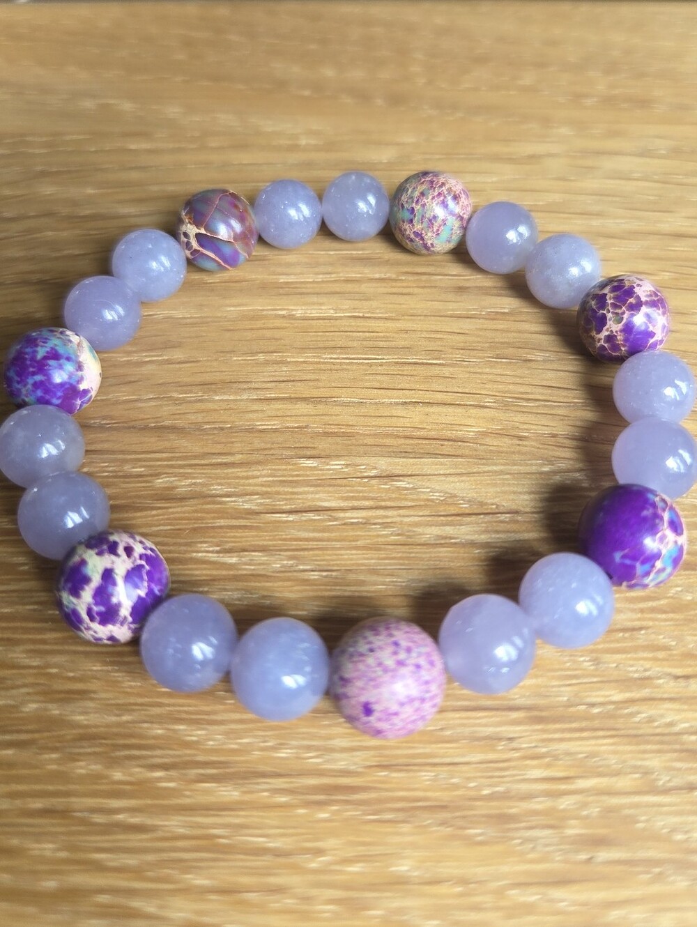Hand Crafted Lavender Lepidolite and Sea Sediment Jasper Beads Stretch Bracelet - Picture 8 of 11